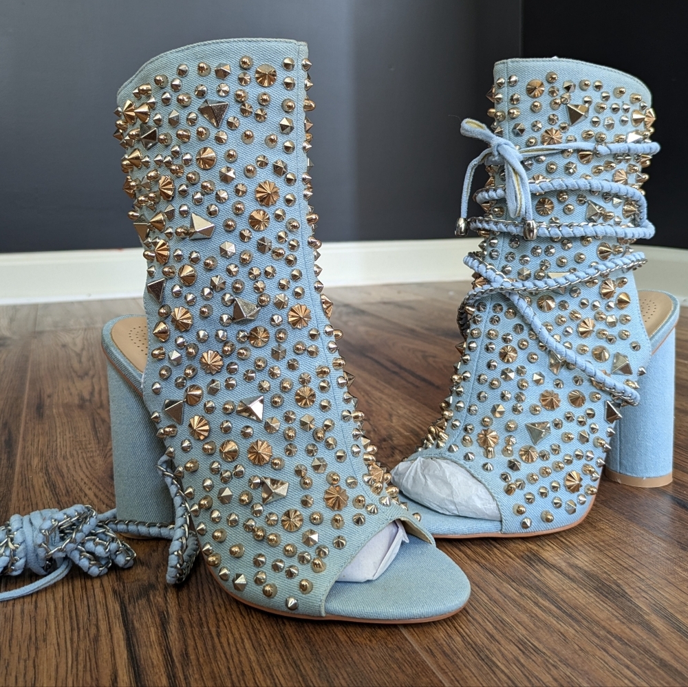 Azelea Wang Studded Denim Booties